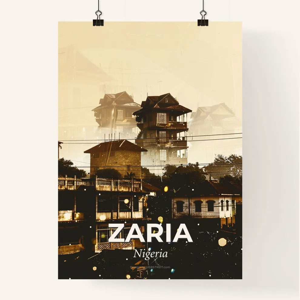 Zaria Skyline Double Exposure Art - A group of buildings with trees and power lines Poster
