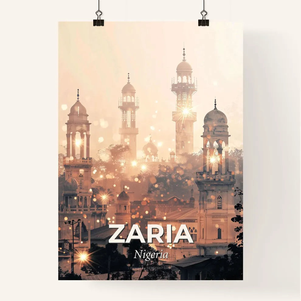 Zaria Skyline Double Exposure Art Poster - A group of buildings with towers and lights Poster