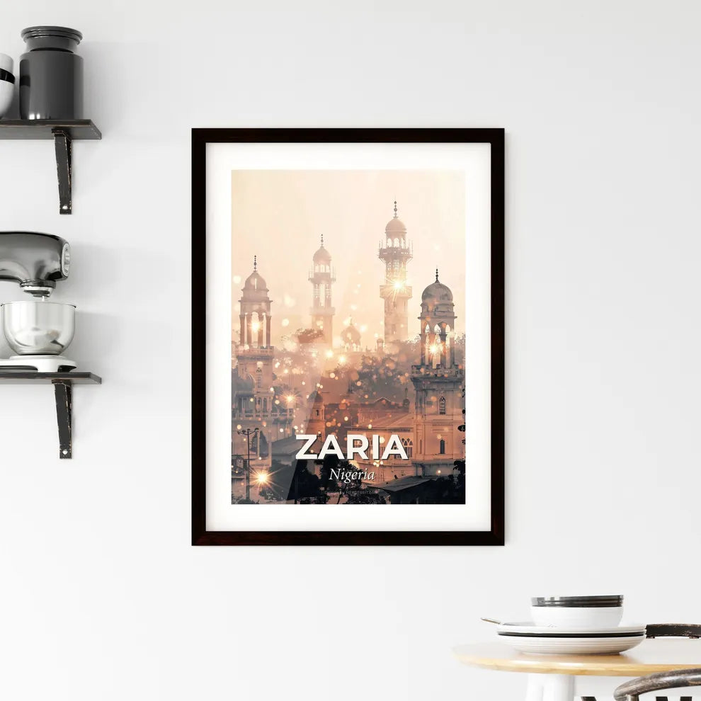 Zaria Skyline Double Exposure Art Poster - A group of buildings with towers and lights Custom Print