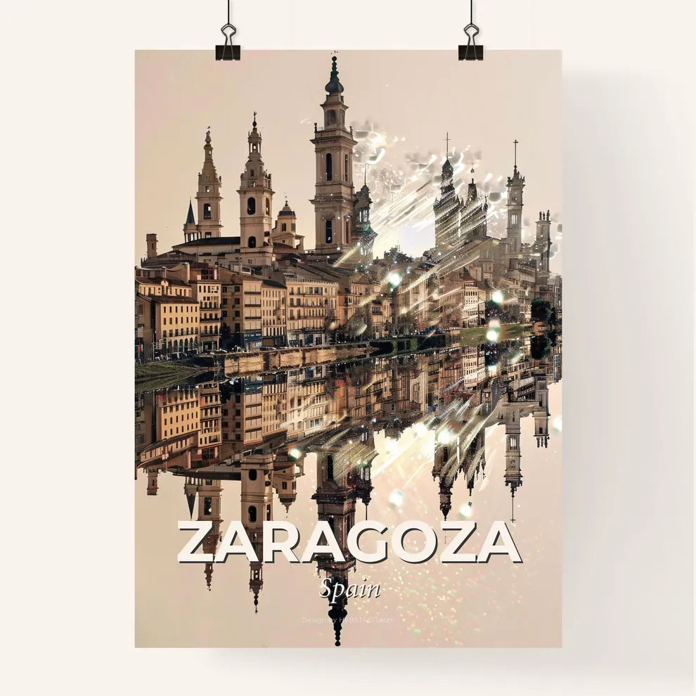 Zaragoza City Architecture Art Deco Skyline Composite - A city with towers and buildings reflected in water Poster