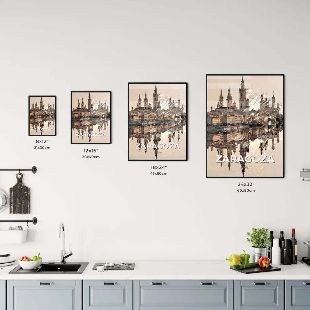 Zaragoza City Architecture Art Deco Skyline Composite - A city with towers and buildings reflected in water Size Chart