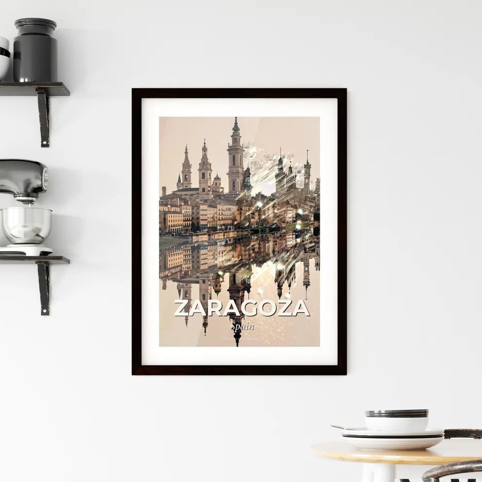 Zaragoza City Architecture Art Deco Skyline Composite - A city with towers and buildings reflected in water Custom Print