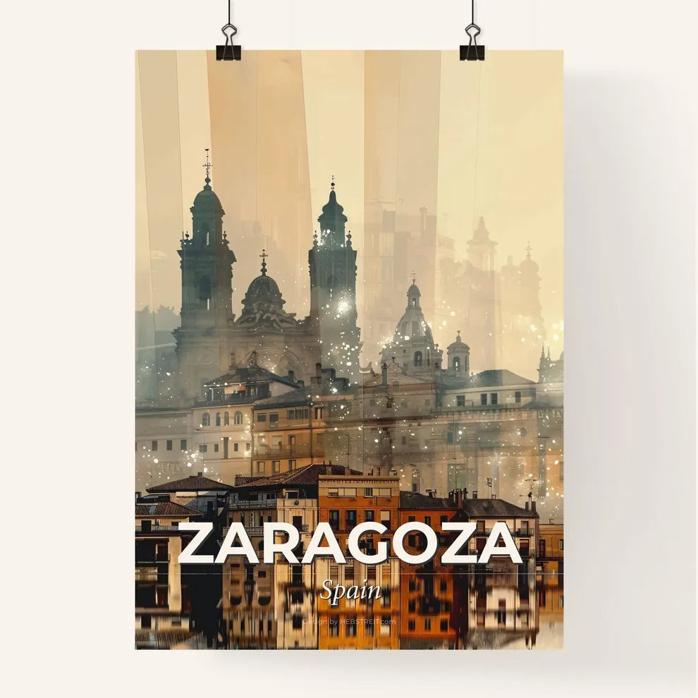 Zaragoza: Double Exposure Cityscape Skyline Poster - A city with many buildings and a body of water Poster