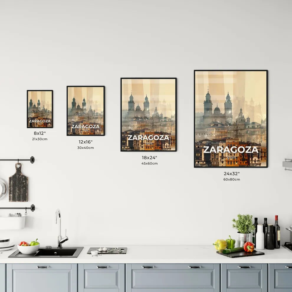 Zaragoza: Double Exposure Cityscape Skyline Poster - A city with many buildings and a body of water Size Chart