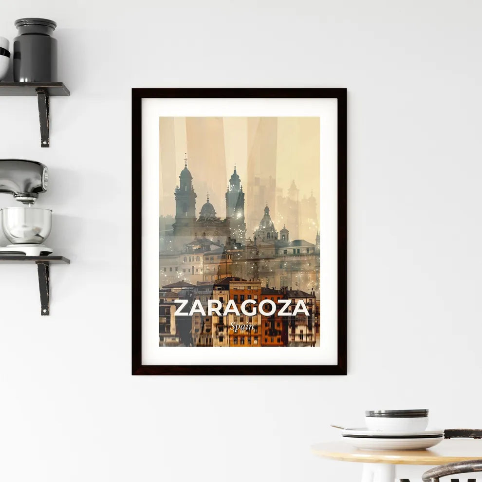 Zaragoza: Double Exposure Cityscape Skyline Poster - A city with many buildings and a body of water Custom Print