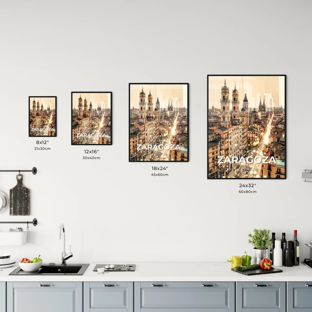 Zaragoza Remastered City Skyline Composite Art Print - A city with many buildings Size Chart