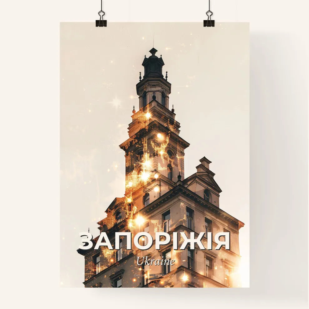 Zaporizhia City Skyline Art: Double Exposure Wonders - A tall building with a tower Poster