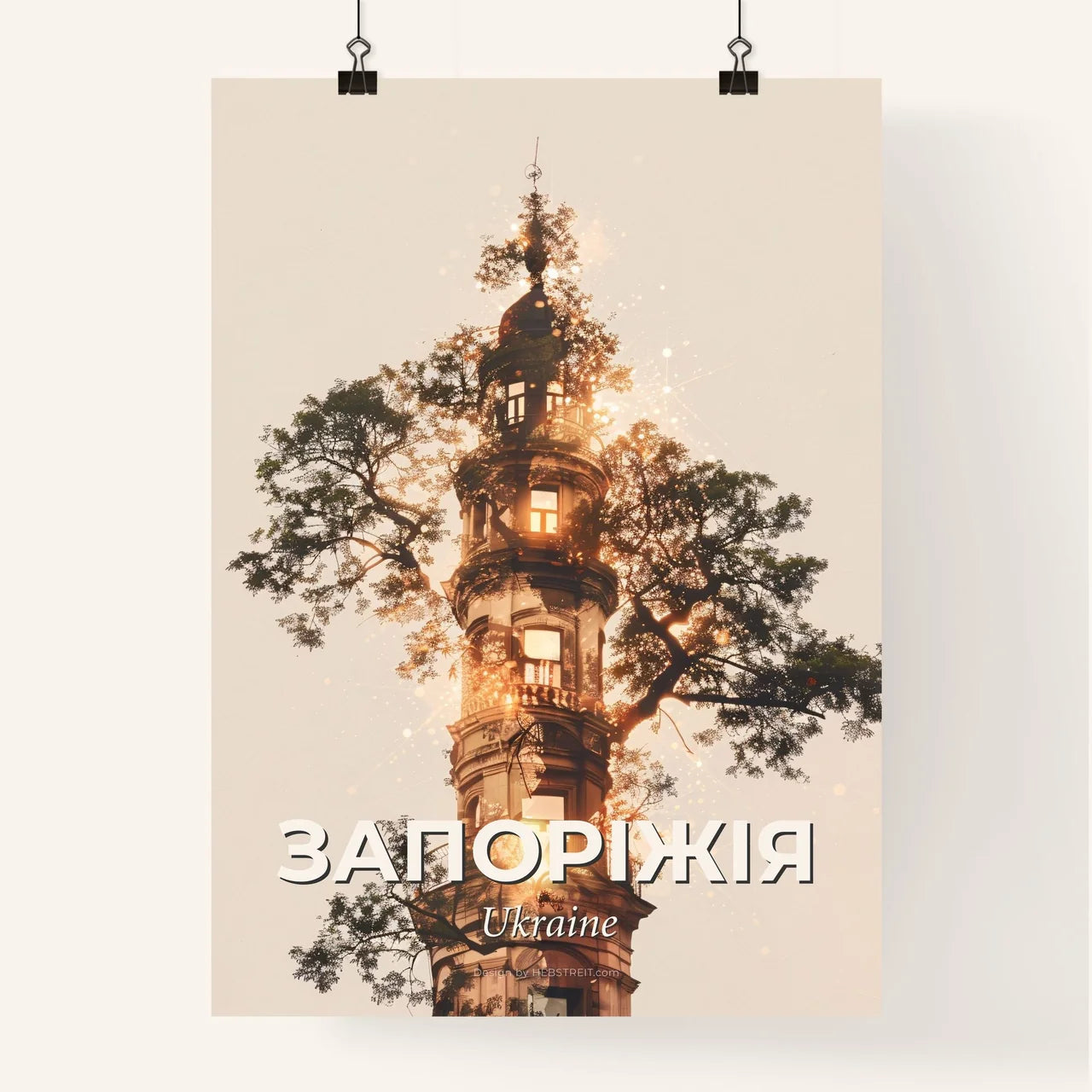 Zaporizhia City Skyline Composite Art Bright Paper Poster - A tall building with a tree in the middle Poster