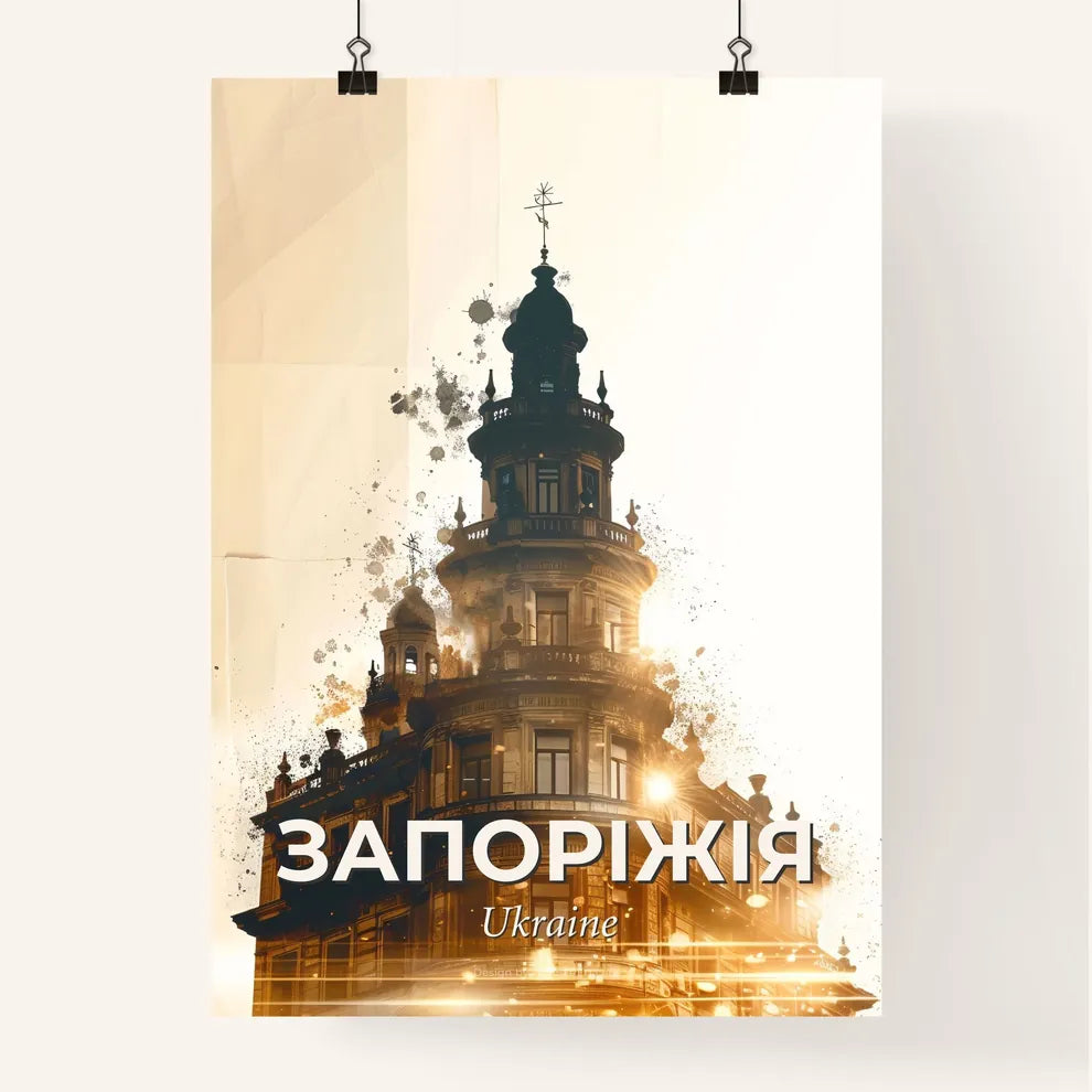 Zaporizhia Skyline Double Exposure Poster Art - A building with a tower Poster