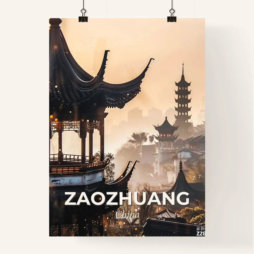 Zaozhuang Skyline Composite Art Minimalistic Poster - A pagoda and buildings in a city Poster