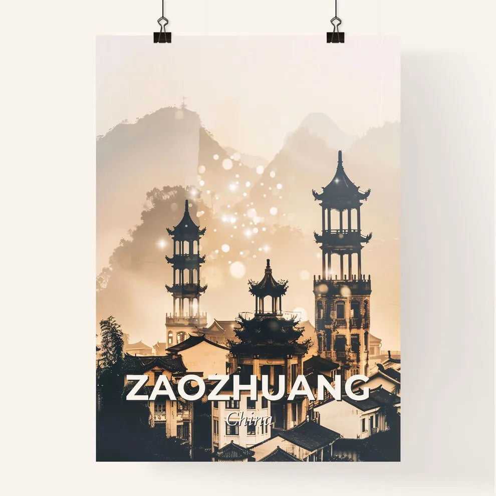 Zaozhuang Skyline Art: Double Exposure Magic - A group of buildings with towers Poster