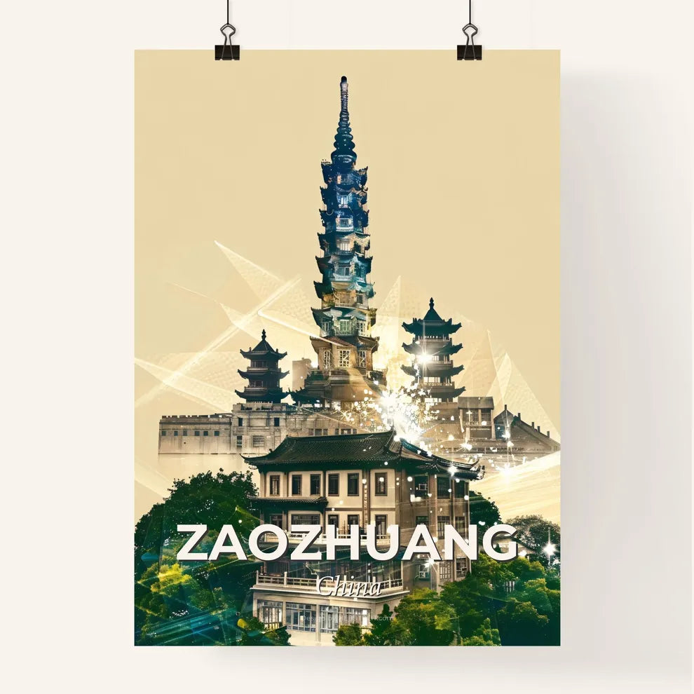 Zaozhuang Skyline Panorama, Double Exposure Composite Artwork - A building with a tall tower Poster