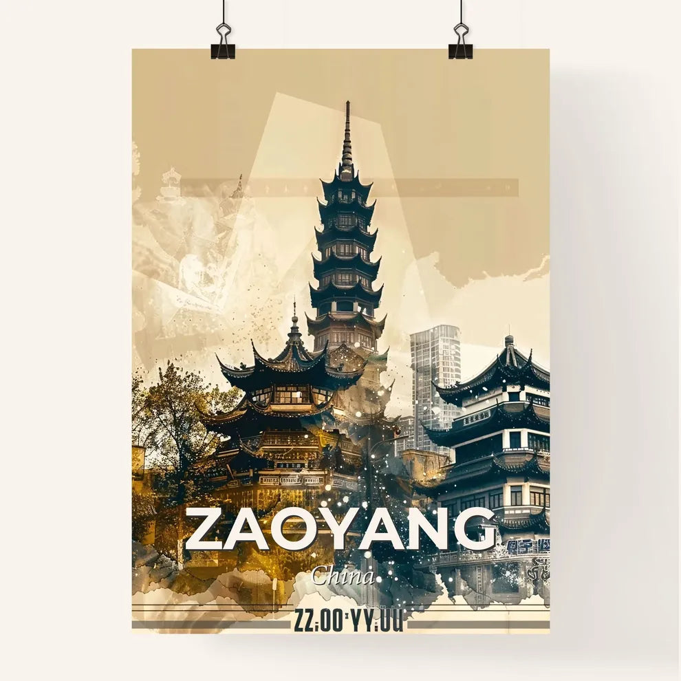 Zaoyang: Bright Beige City Skyline Composite Art - A city with buildings and a tall tower Poster