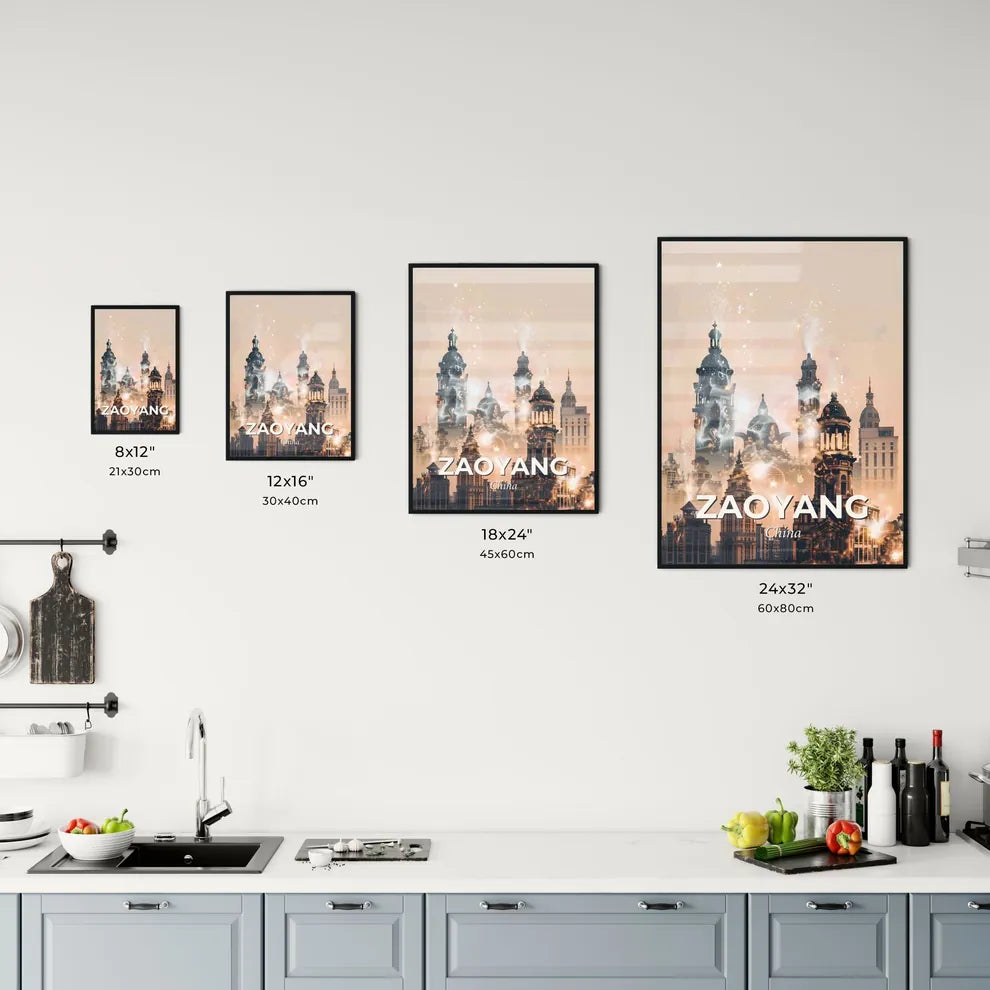 Zaoyang Cityscape Architectural Wonders Poster - A city with many towers and a city with many stars Size Chart