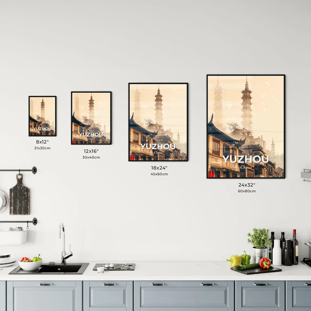 Yuzhou City Double Exposure Skyline Poster - A tall tower in a city Size Chart