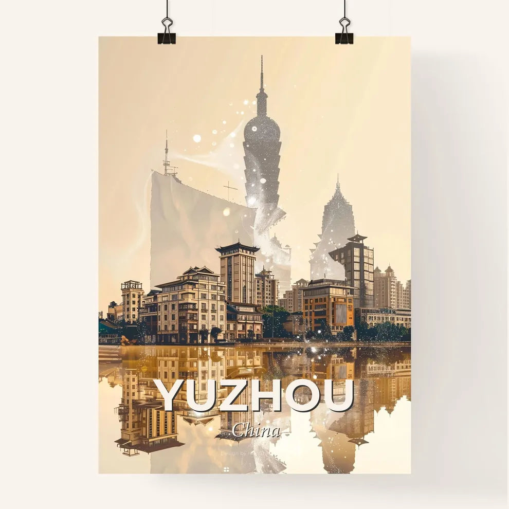 Yuzhou Skyline Double Exposure Poster Art - A city with a large building in the background Poster