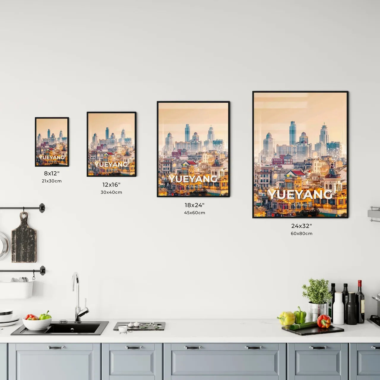 Yueyang City Iconography Double Exposure Skyline Poster - A city with many buildings Size Chart