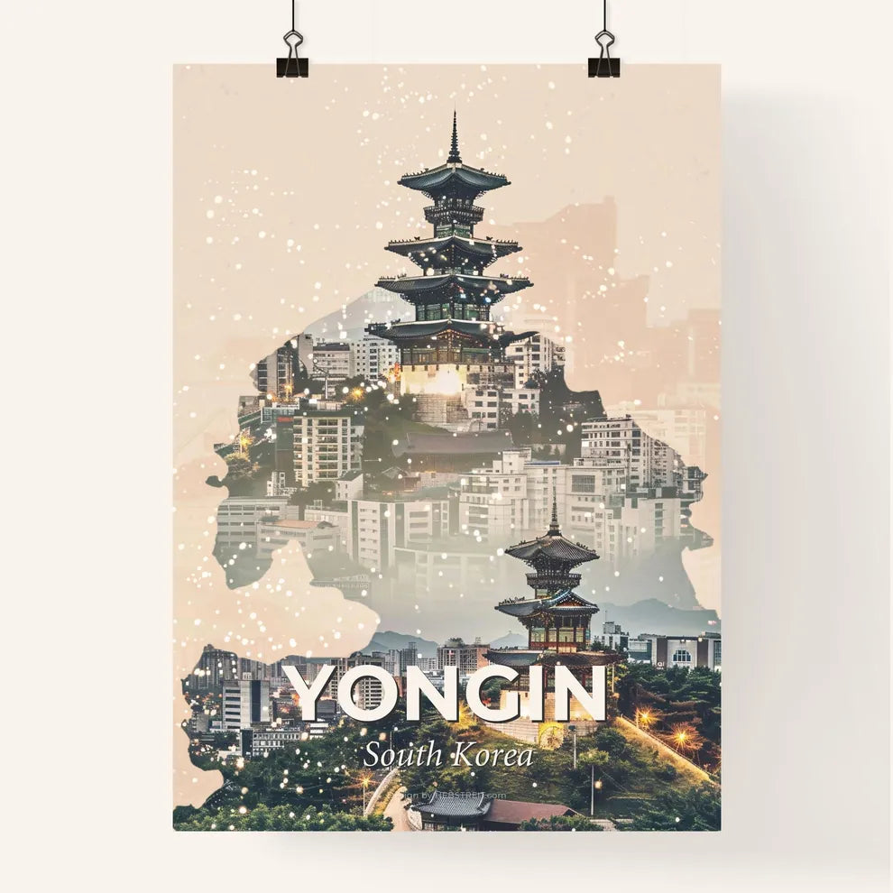 Yongin City Lights: Korean Architecture Skyline - A double exposure of a city Poster
