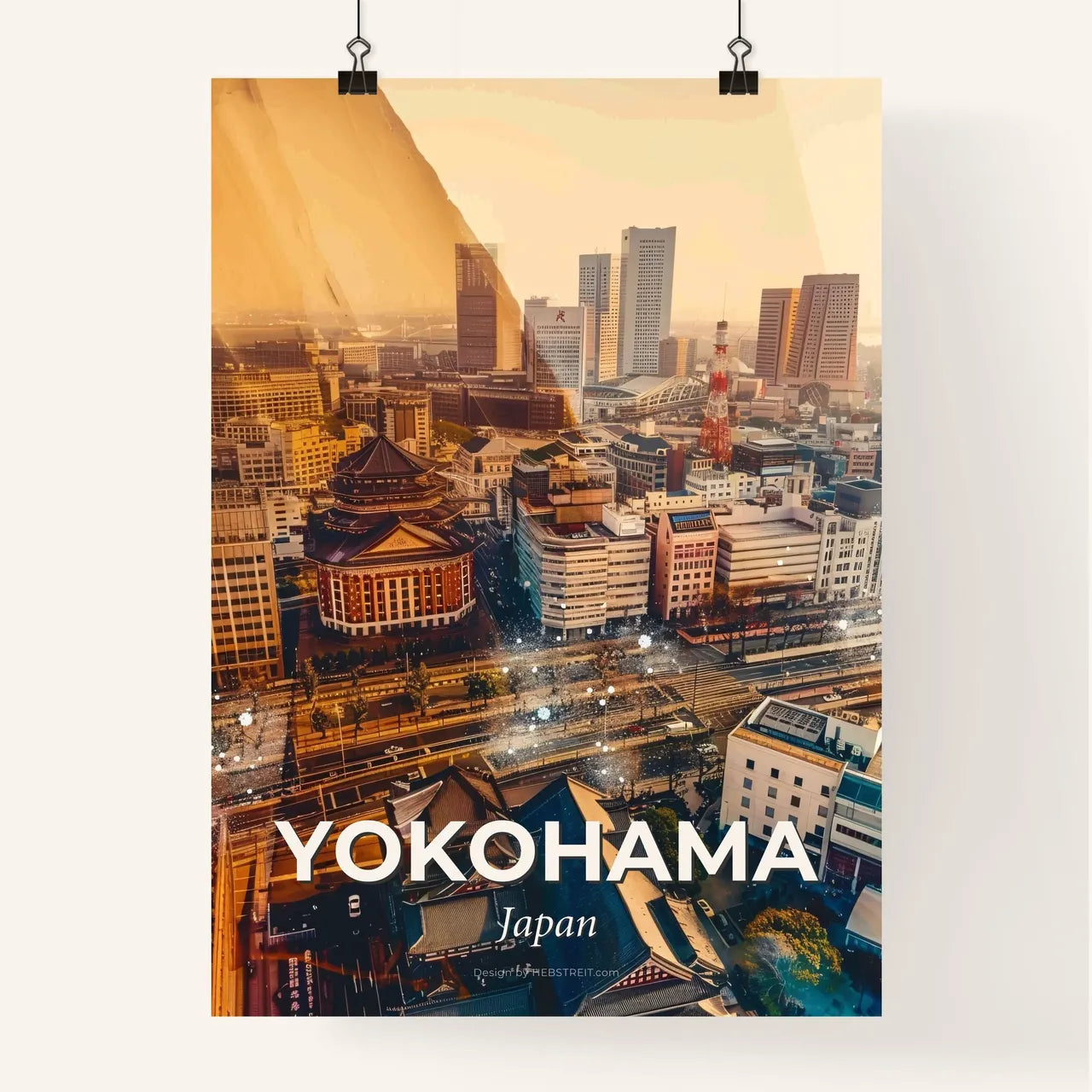 Yokohama Skyline Glow Double Exposure Art - A city with many buildings Poster