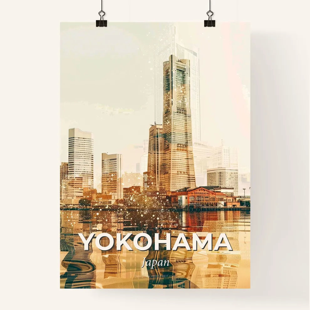 Yokohama Skyline Double Exposure Art Poster - A city skyline with a body of water Poster