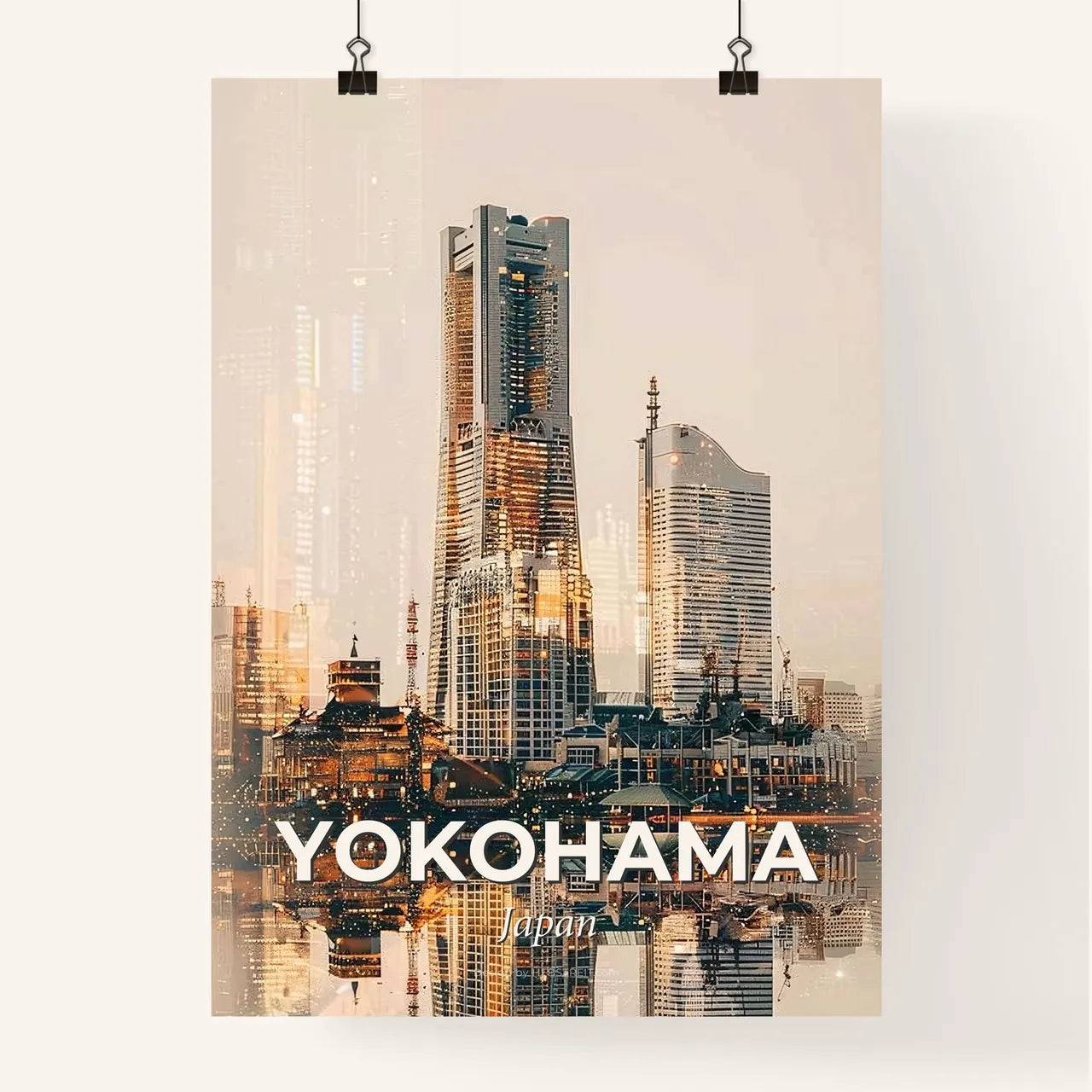 Yokohama Skyline Double Exposure Art Poster - A city skyline with many tall buildings Poster