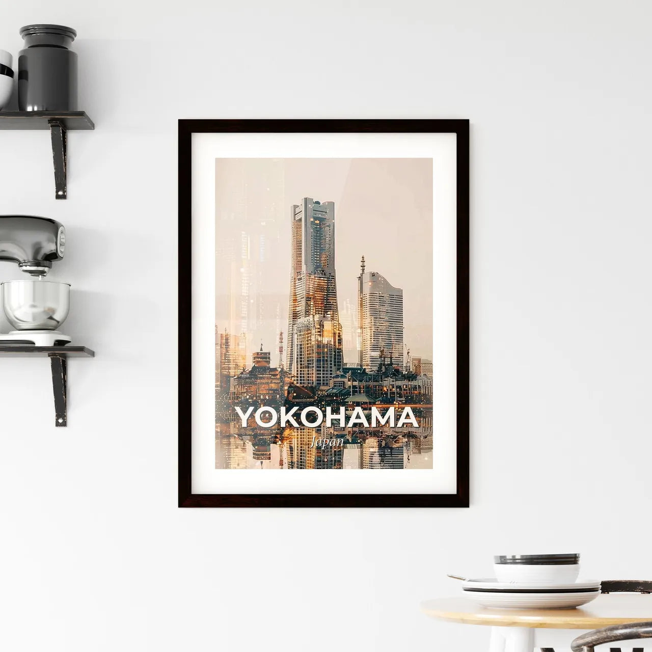 Yokohama Skyline Double Exposure Art Poster - A city skyline with many tall buildings Custom Print