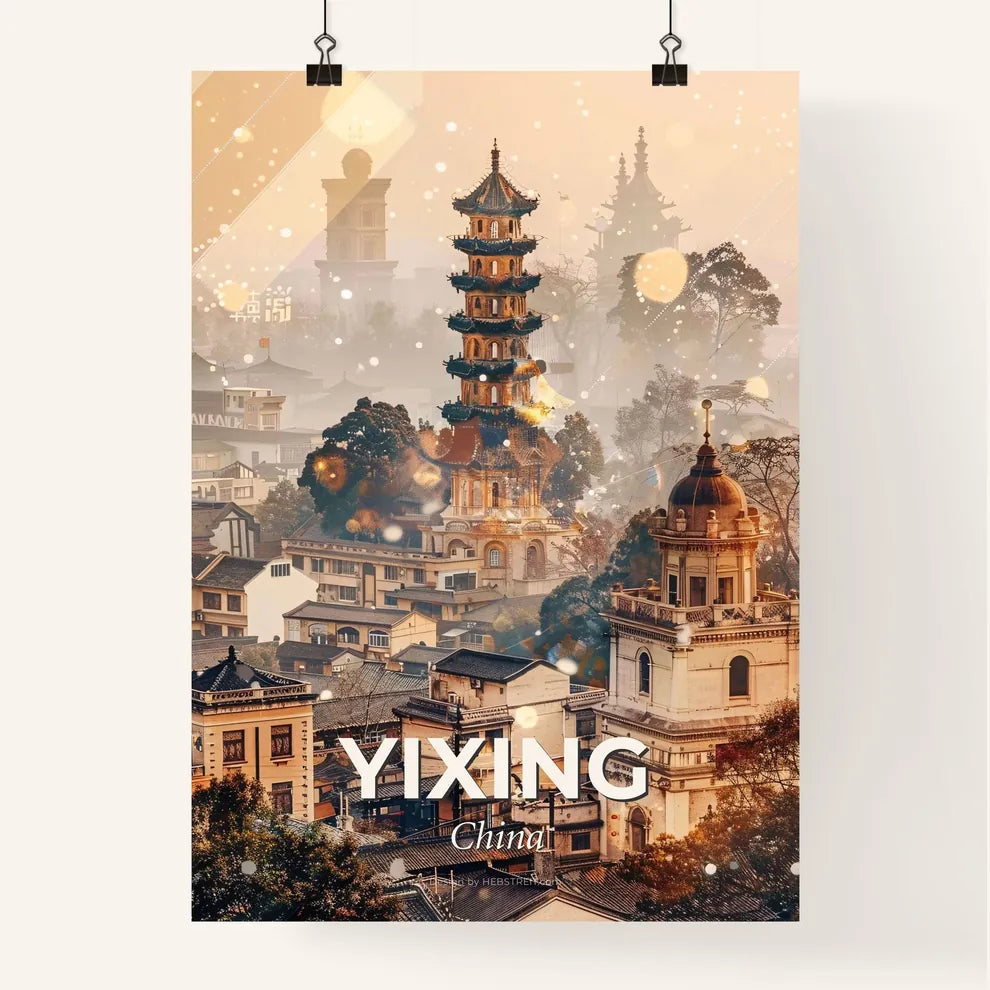 Yixing: Skyline Art with Local Sparkle - A tall tower in a city Poster