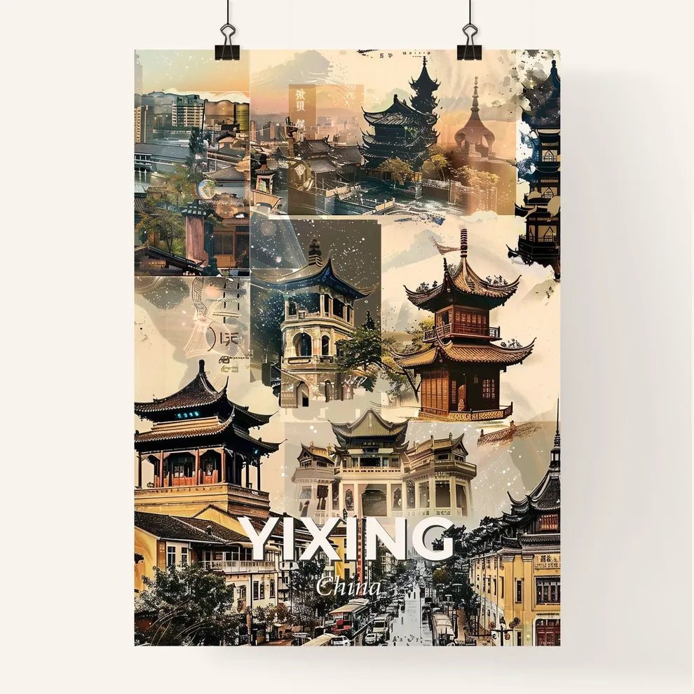 Yixing Double Exposure Skyline Sparkle Poster - A collage of buildings with Pashupatinath Temple in the background Poster