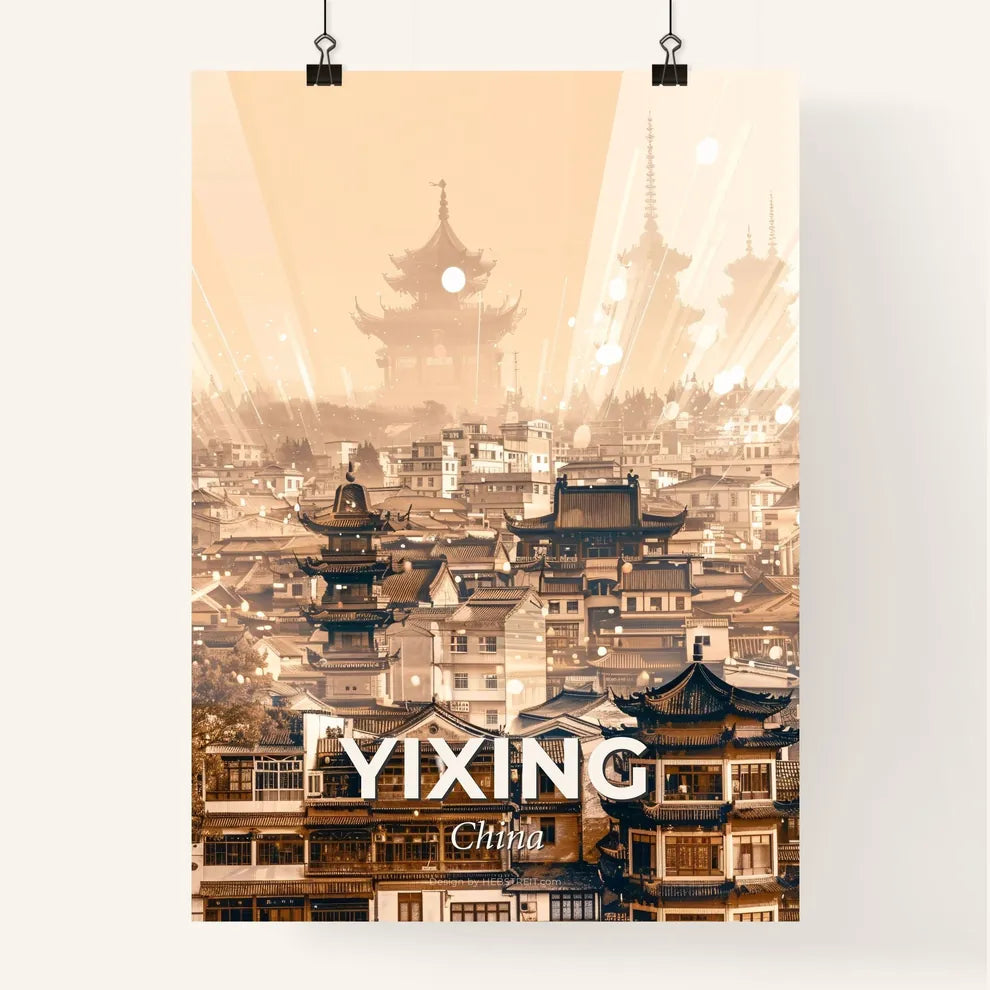 Yixing Skyline Cityscape Art Print - A city with many buildings and a pagoda in the background Poster