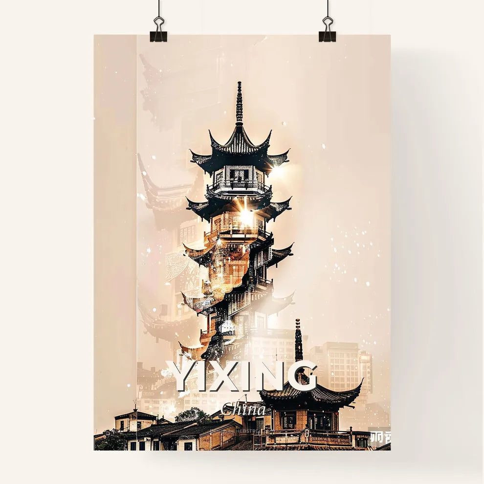 Yixing Skyline Panorama Double Exposure Print - A tall building with a spiral staircase Poster