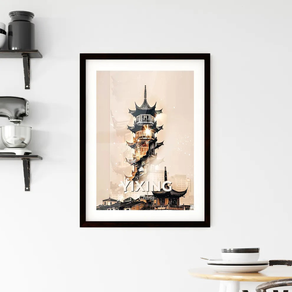 Yixing Skyline Panorama Double Exposure Print - A tall building with a spiral staircase Custom Print