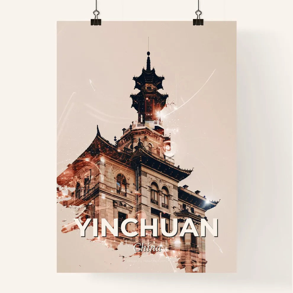 Yinchuan: Skyline Double Exposure City Art Poster - A building with a tower Poster