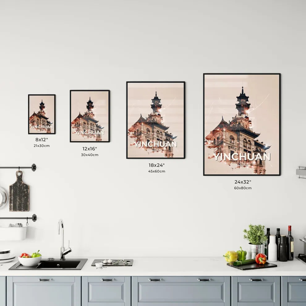 Yinchuan: Skyline Double Exposure City Art Poster - A building with a tower Size Chart