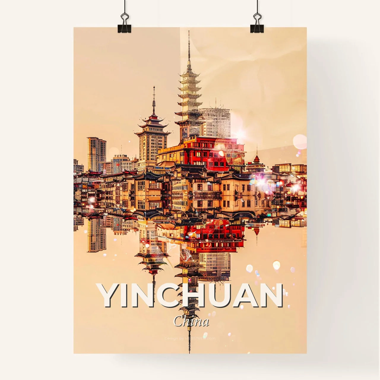 Yinchuan: City Icons Double Exposure Sky - A city with many buildings reflected in water Poster