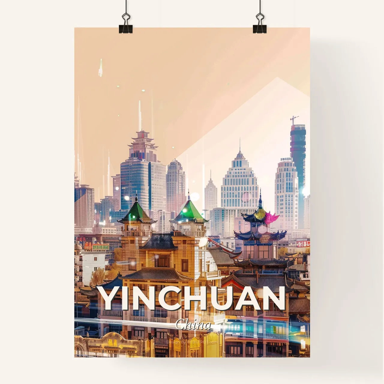 Yinchuan Skyline: Double Exposure, Pastel Hues - A city with buildings and skyscrapers Poster