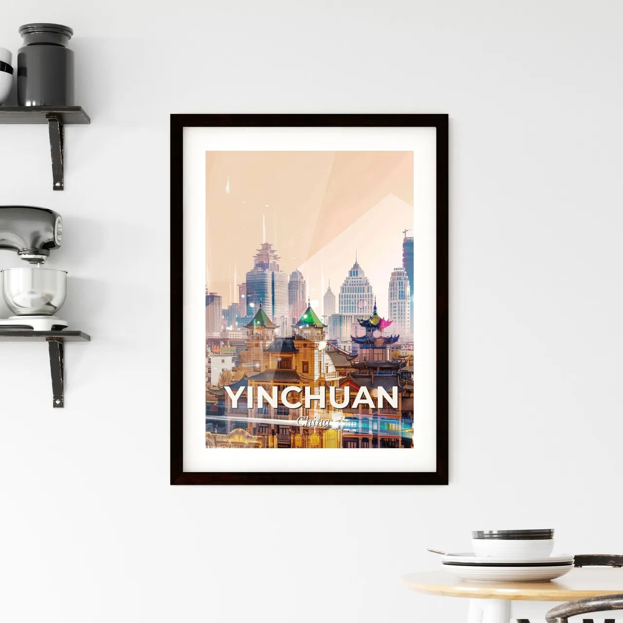 Yinchuan Skyline: Double Exposure, Pastel Hues - A city with buildings and skyscrapers Custom Print