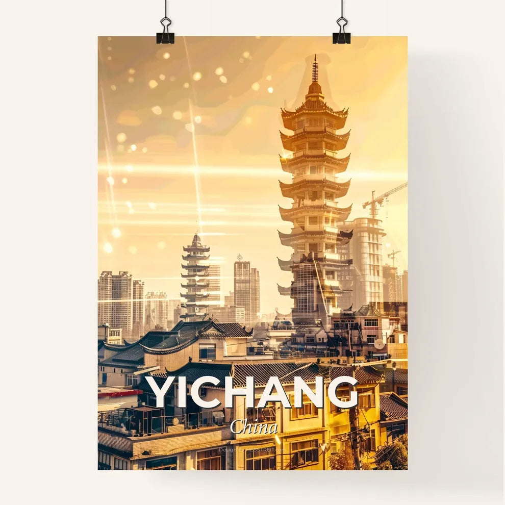 Yichang Skyline Double Exposure Panoramic Art - A tall pagoda tower in a city Poster