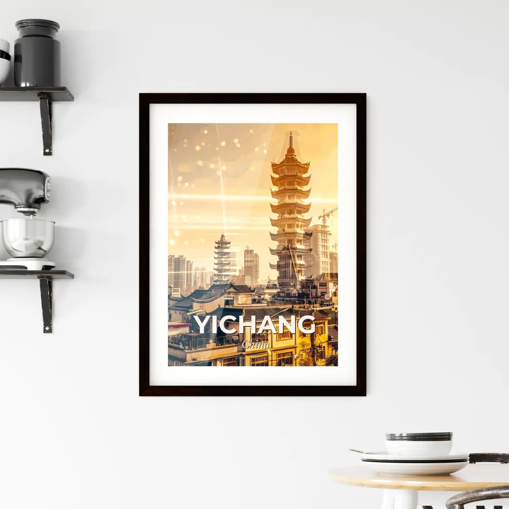 Yichang Skyline Double Exposure Panoramic Art - A tall pagoda tower in a city Custom Print