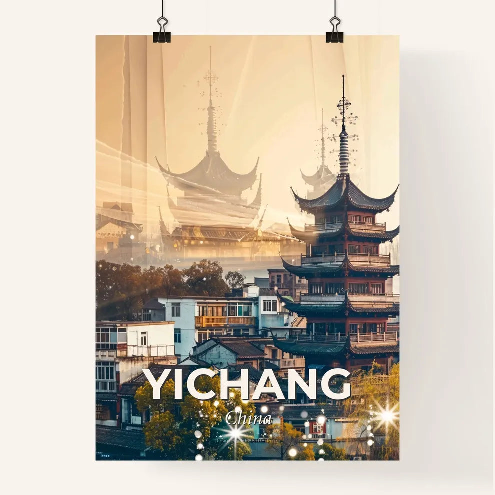Yichang Skyline: Vibrant Local Architecture Art - A tall pagoda building with many buildings in the background Poster