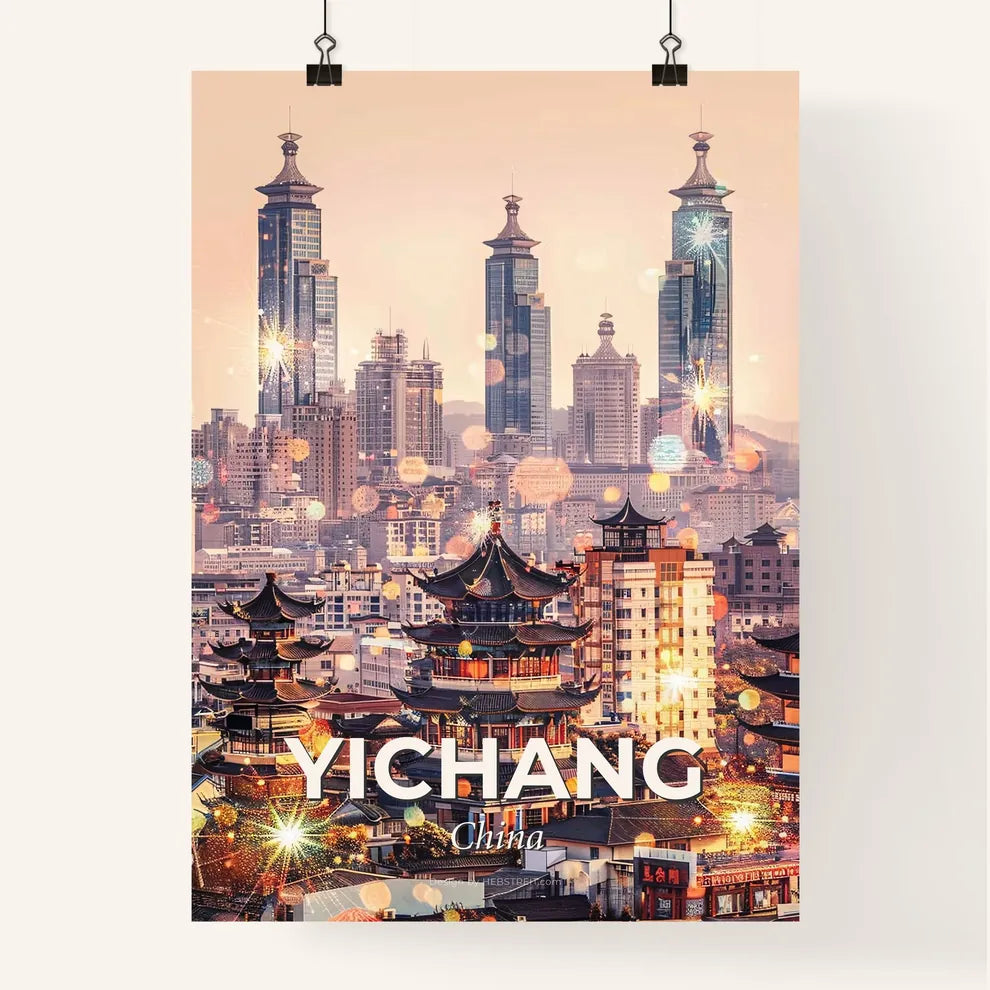 Yichang Cityscape Art: Double Exposure Beauty - A city with tall buildings Poster