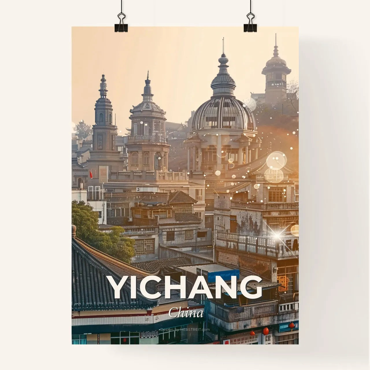 Yichang Skyline Double Exposure Art Poster - A city with buildings and a dome Poster