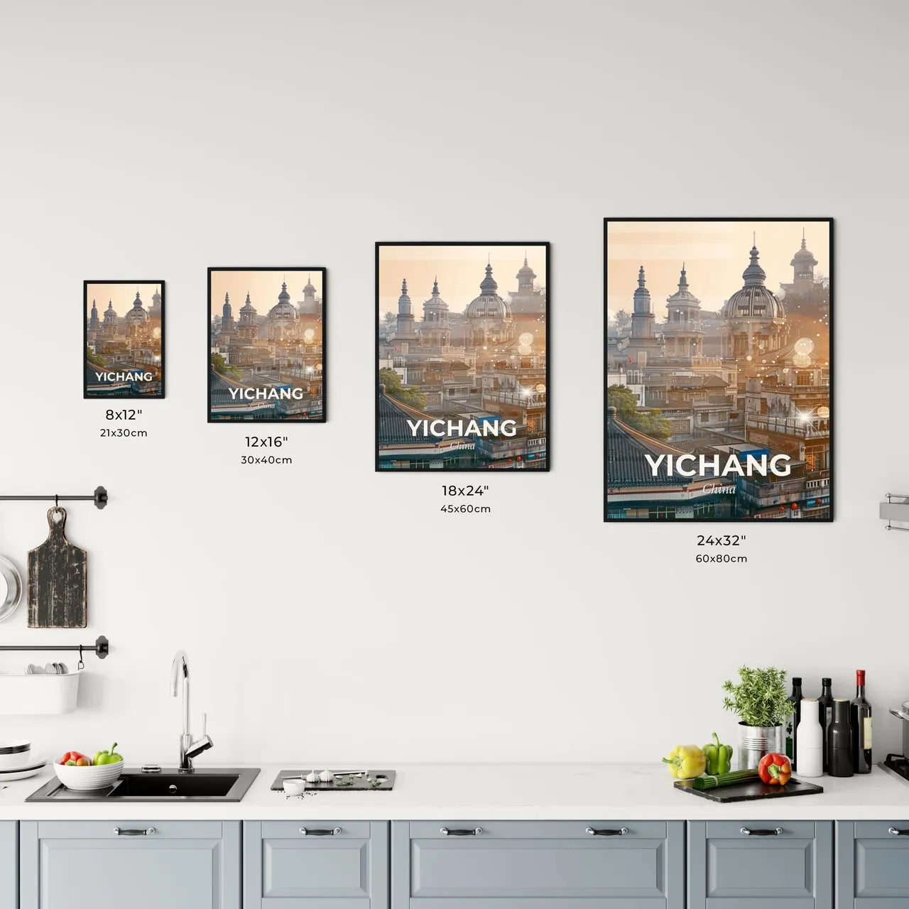 Yichang Skyline Double Exposure Art Poster - A city with buildings and a dome Size Chart