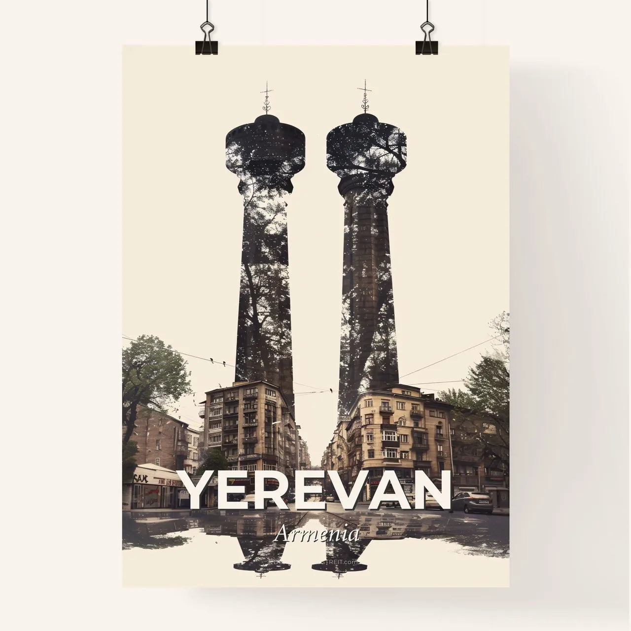 Yerevan City Skyline Poster, Beige Background, Colorful Blisters - A double exposure of two towers Poster