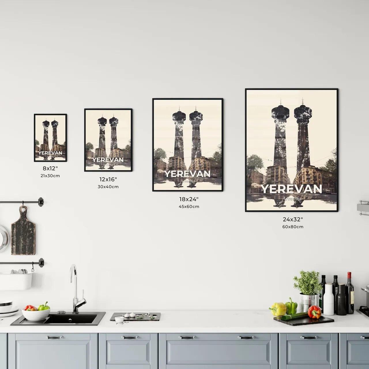 Yerevan City Skyline Poster, Beige Background, Colorful Blisters - A double exposure of two towers Size Chart