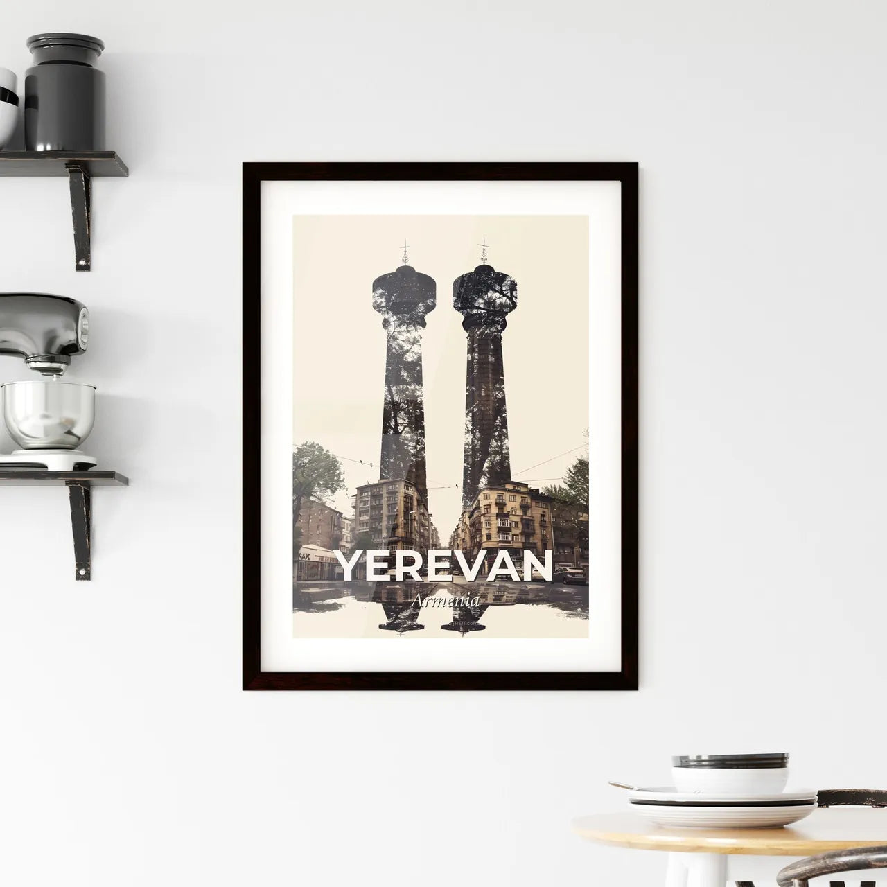 Yerevan City Skyline Poster, Beige Background, Colorful Blisters - A double exposure of two towers Custom Print