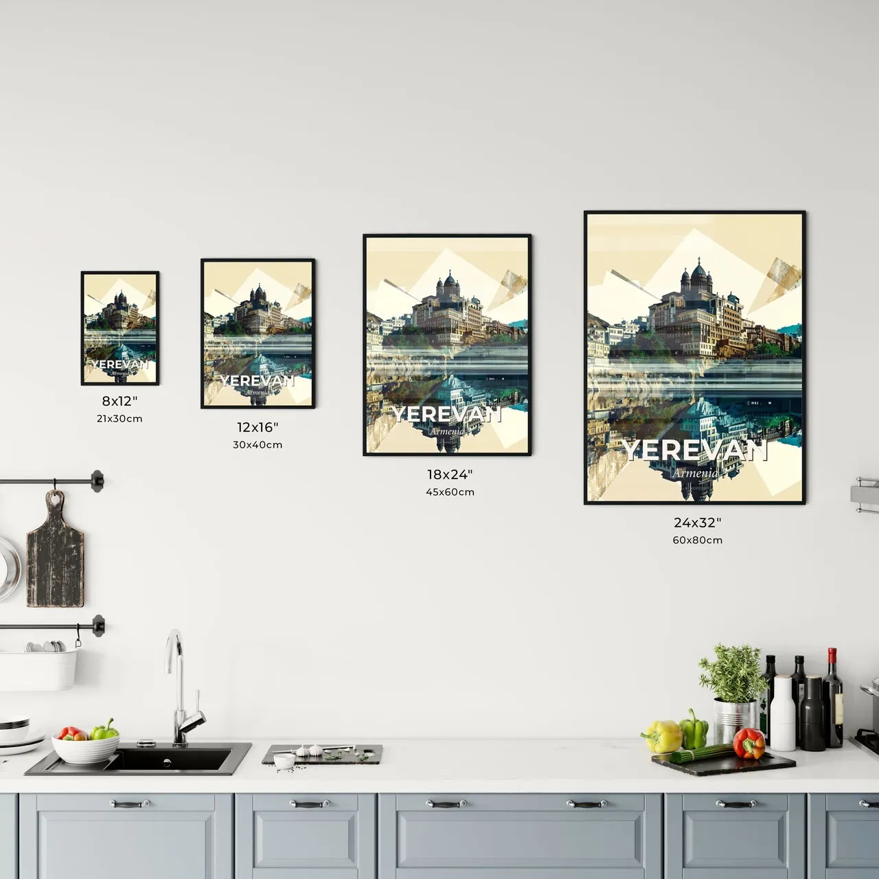 Yerevan Skyline Composite Poster Art - A city with a body of water Size Chart