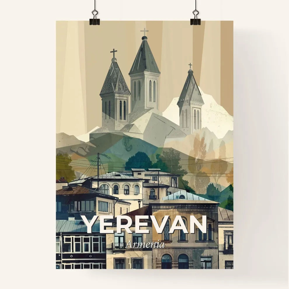 Yerevan Skyline Composite Art Bright Beige Minimalist - A group of buildings with towers and mountains in the background Poster