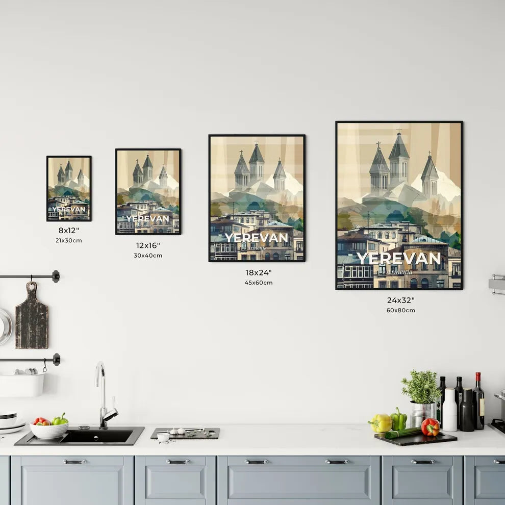 Yerevan Skyline Composite Art Bright Beige Minimalist - A group of buildings with towers and mountains in the background Size Chart