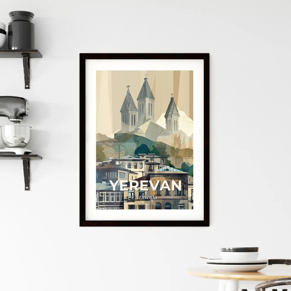 Yerevan Skyline Composite Art Bright Beige Minimalist - A group of buildings with towers and mountains in the background Custom Print