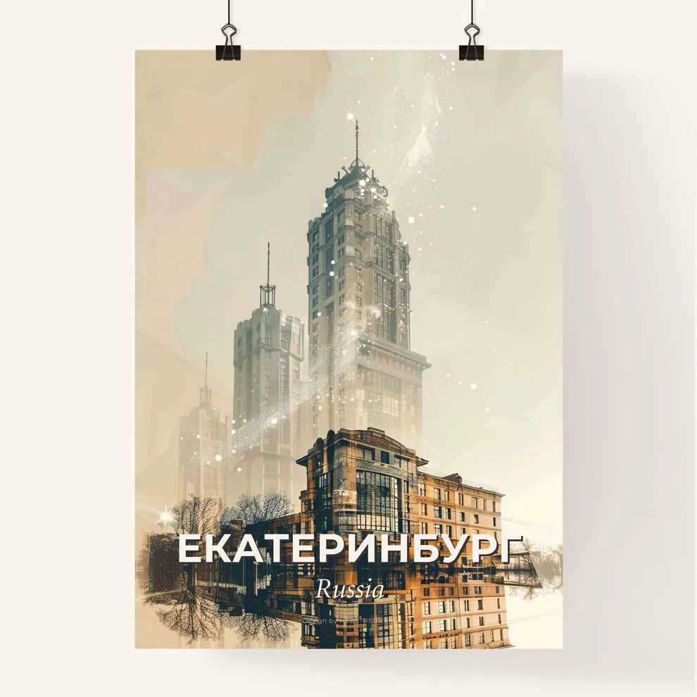 Yekaterinburg City Icons in Vibrant Nightfall Glow - A city skyline with many tall buildings Poster